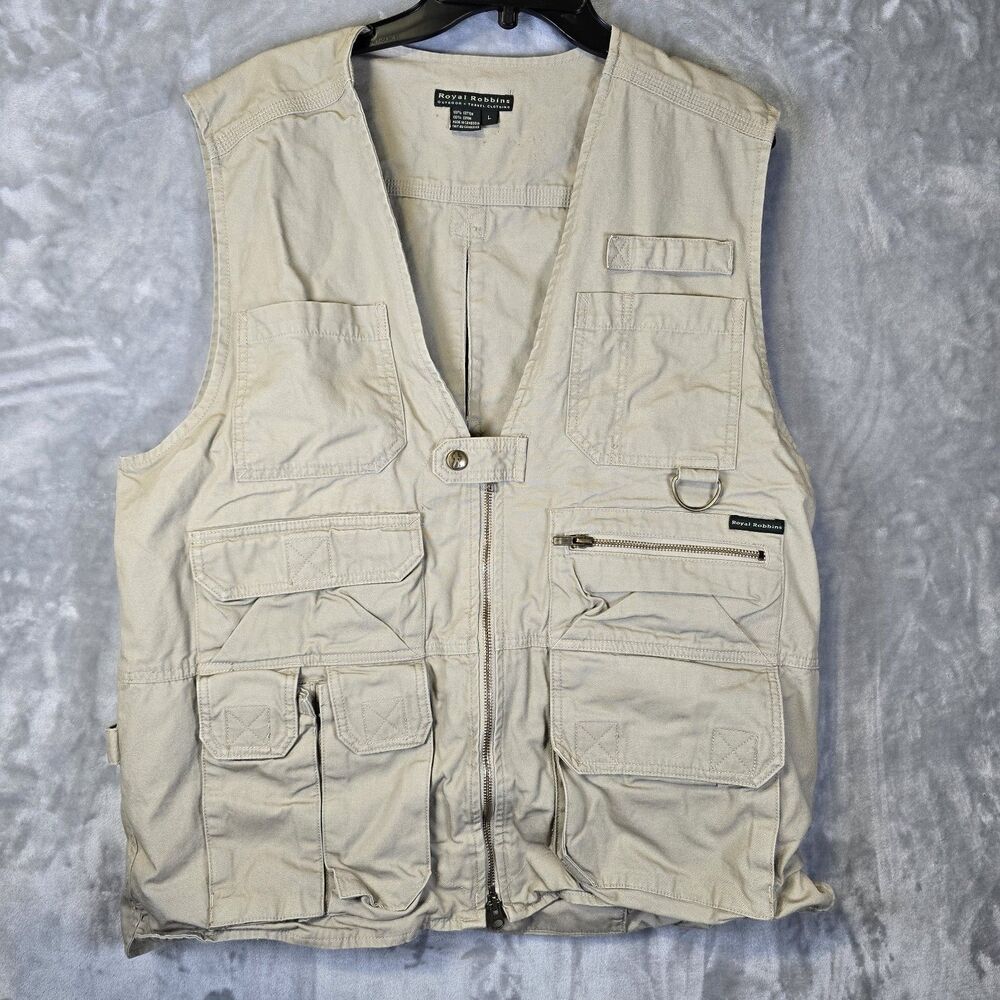 Royal Robbins Field Guide Vest Mens L Khaki Travel Hiking Fishing Pockets *stain